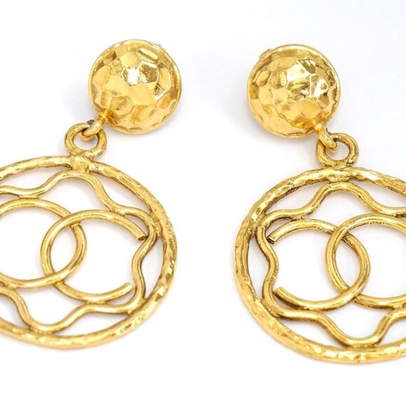 CHANEL CC Logos Round Drop Dangle Clip-On Earrings Gold Tone #26792 - Picture 3 of 5